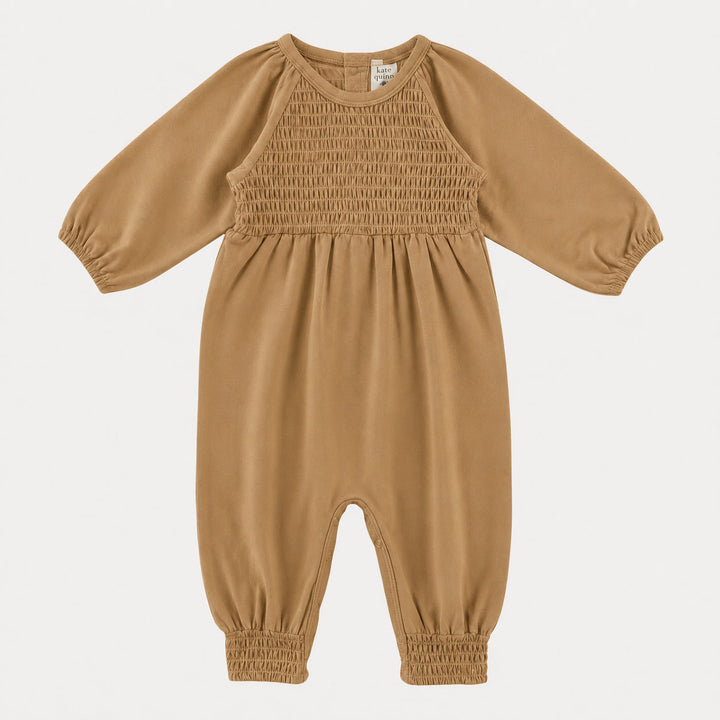 PREORDER long sleeve puff smocked jumpsuit | apple cinnamon | organic cotton interlock