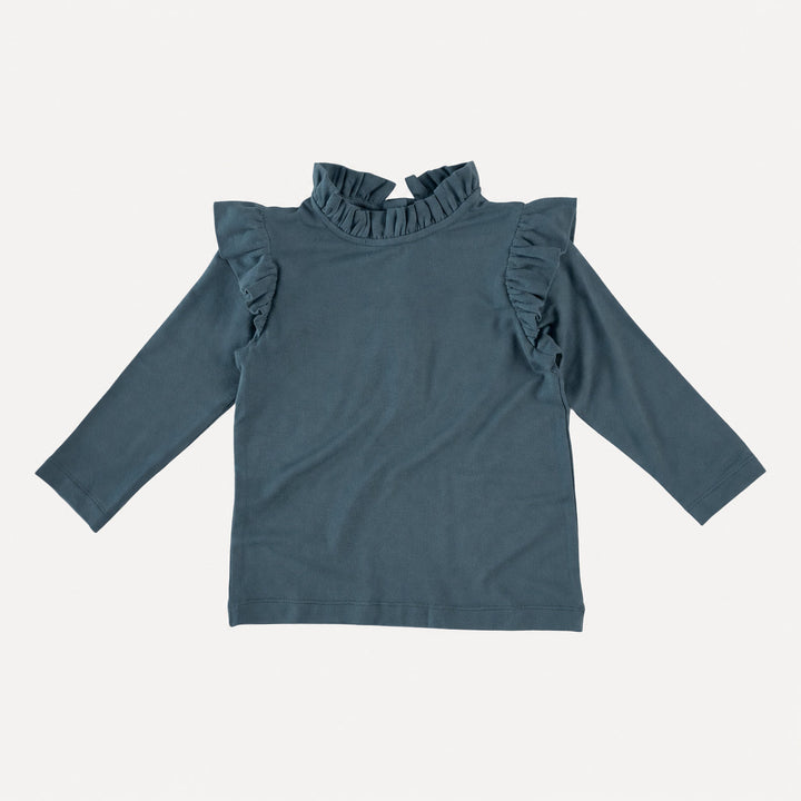 PREORDER long sleeve little ruffle tee | slate blue | bamboo