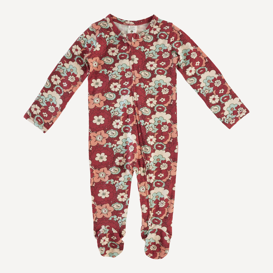 long sleeve zipper footie | fall mid-century floral | bamboo