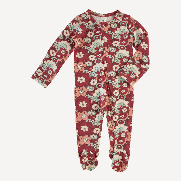 long sleeve zipper footie | fall mid-century floral | bamboo