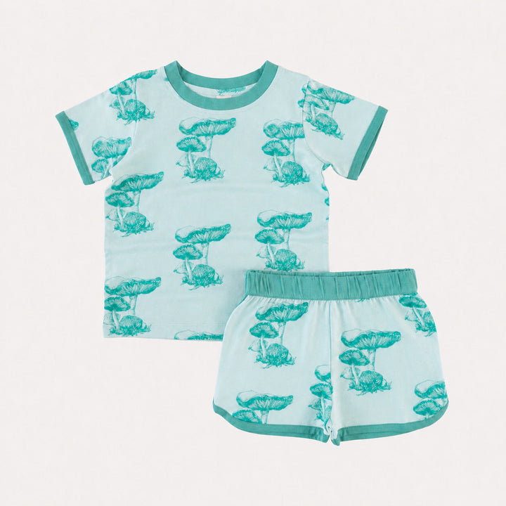 PREORDER short sleeve ringer tee + retro track short set | mushroom snail | bamboo