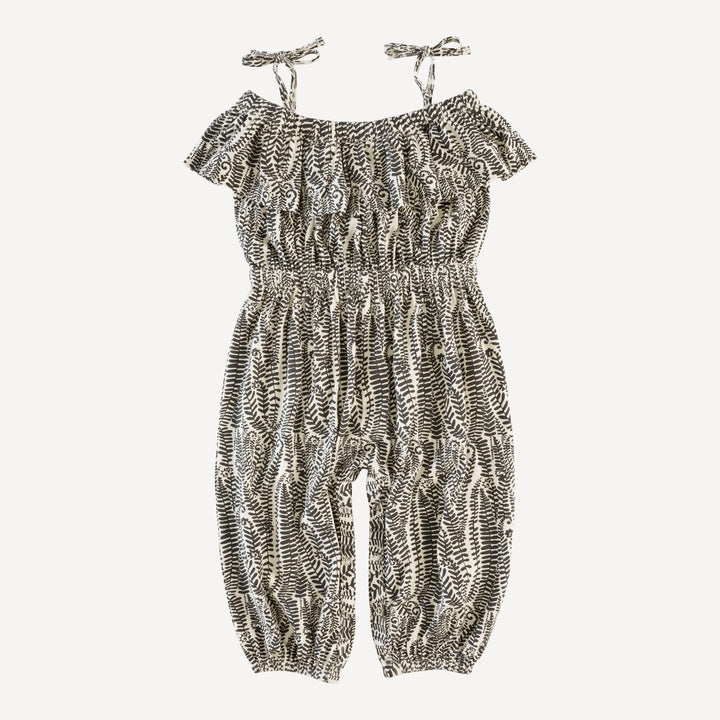 spaghetti tie off the shoulder ruffle jumpsuit | fern frond | modal