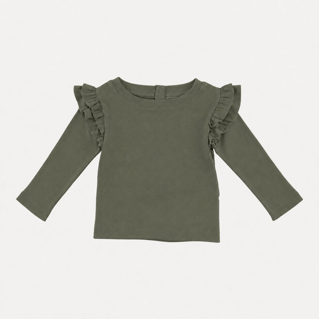 PREORDER long sleeve double ruffle shoulder top | bronze green | organic cotton interlock