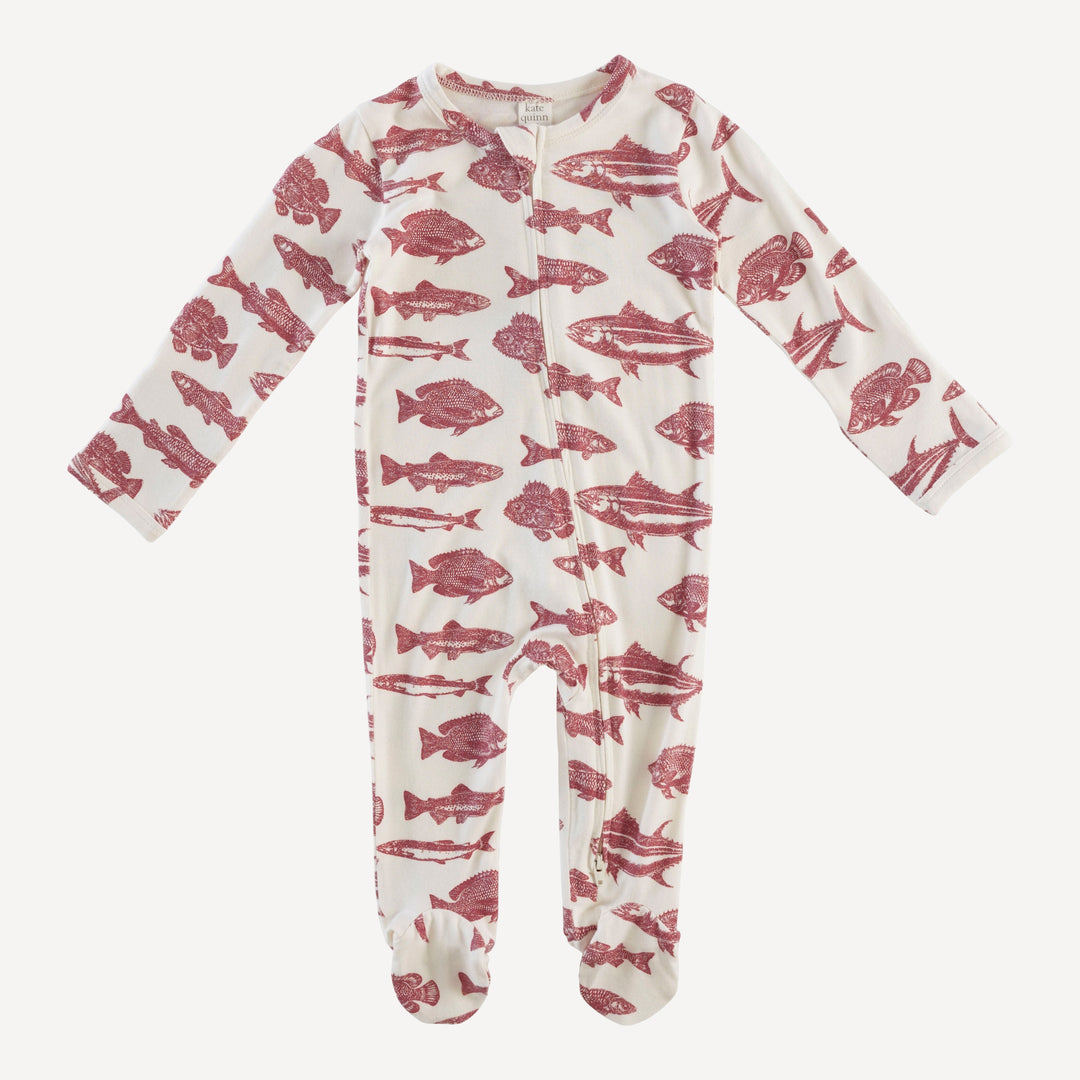 long sleeve two way zipper footie | fish | bamboo