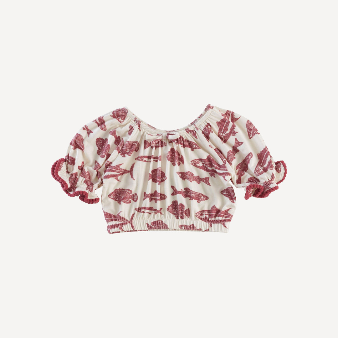 pom pom short sleeve crop top and short set | fish | bamboo