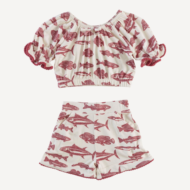 pom pom short sleeve crop top and short set | fish | bamboo