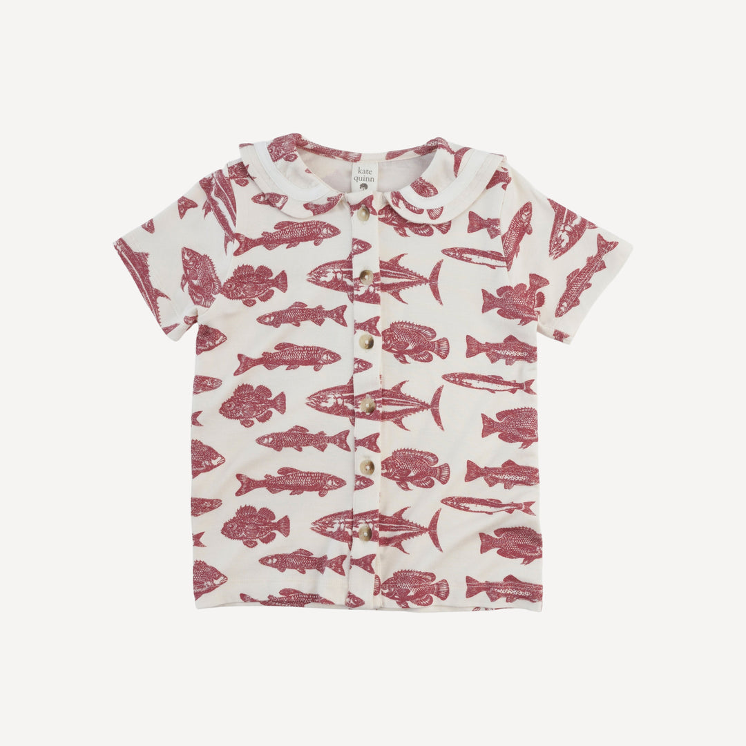 short sleeve sailor collar top + front pocket short set | fish | bamboo