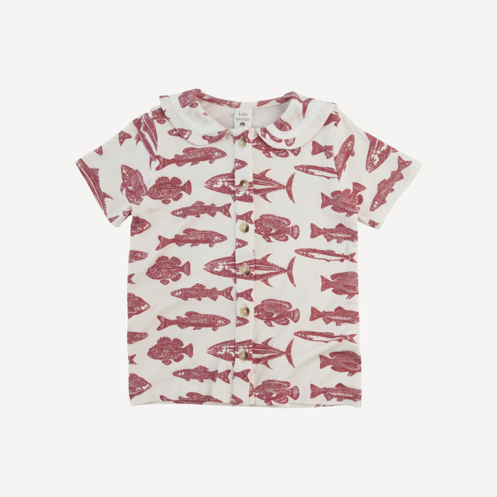 short sleeve sailor collar top + front pocket short set | fish | bamboo