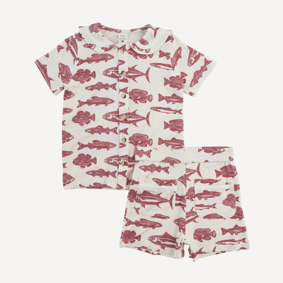 short sleeve sailor collar top + front pocket short set | fish | bamboo
