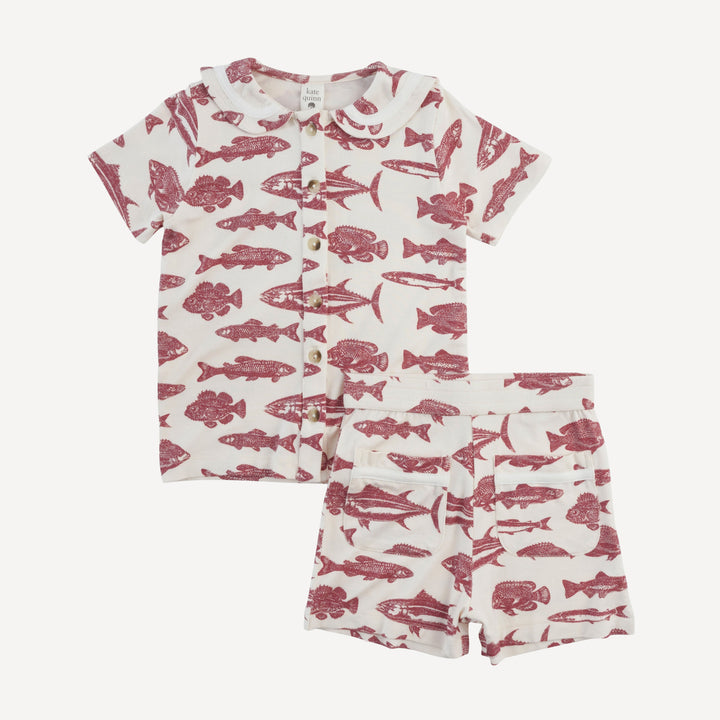 short sleeve sailor collar top + front pocket short set | fish | bamboo