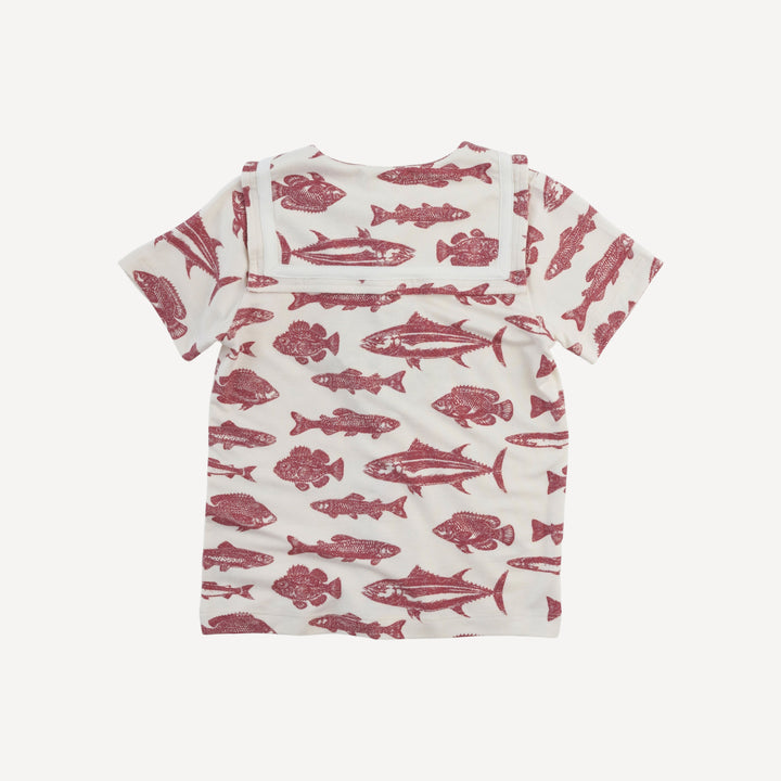 short sleeve sailor collar top + front pocket short set | fish | bamboo