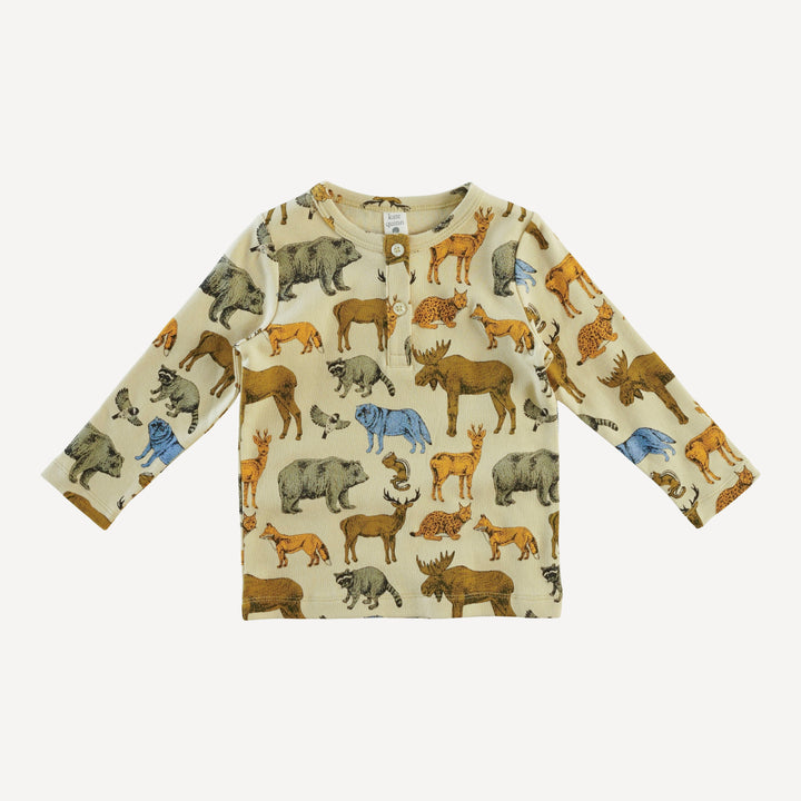long sleeve basic henley tee | forest animals | organic cotton interlock
