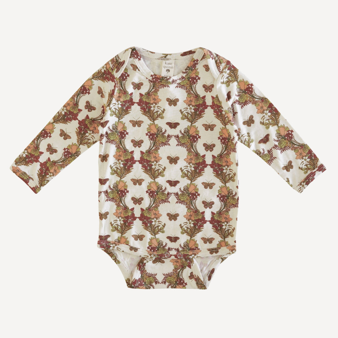 long sleeve lap neck bodysuit | forest floral butterfly | bamboo