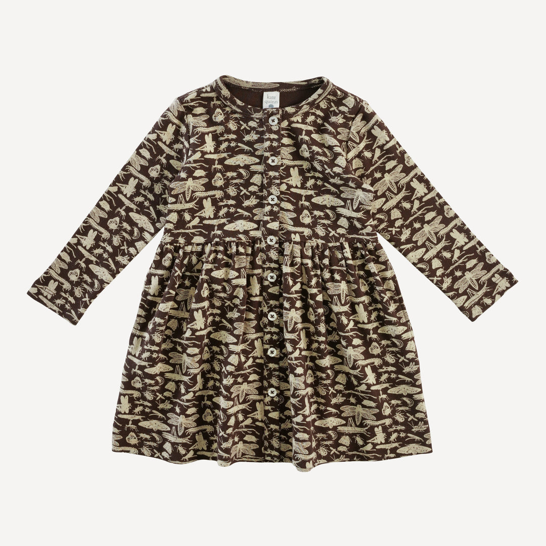 long sleeve button front dress | forest insects | organic cotton interlock