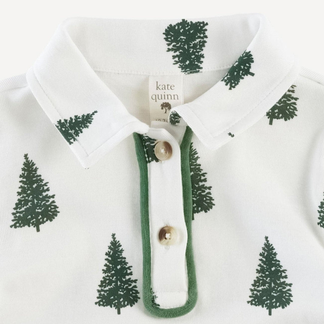 long sleeve piped polo tee | forest pine | organic cotton single rib