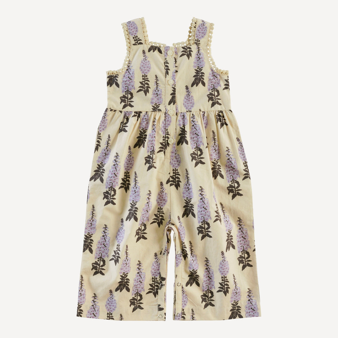 sleeveless gathered waist pom pom gaucho jumpsuit | foxglove | organic cotton mid-weight woven