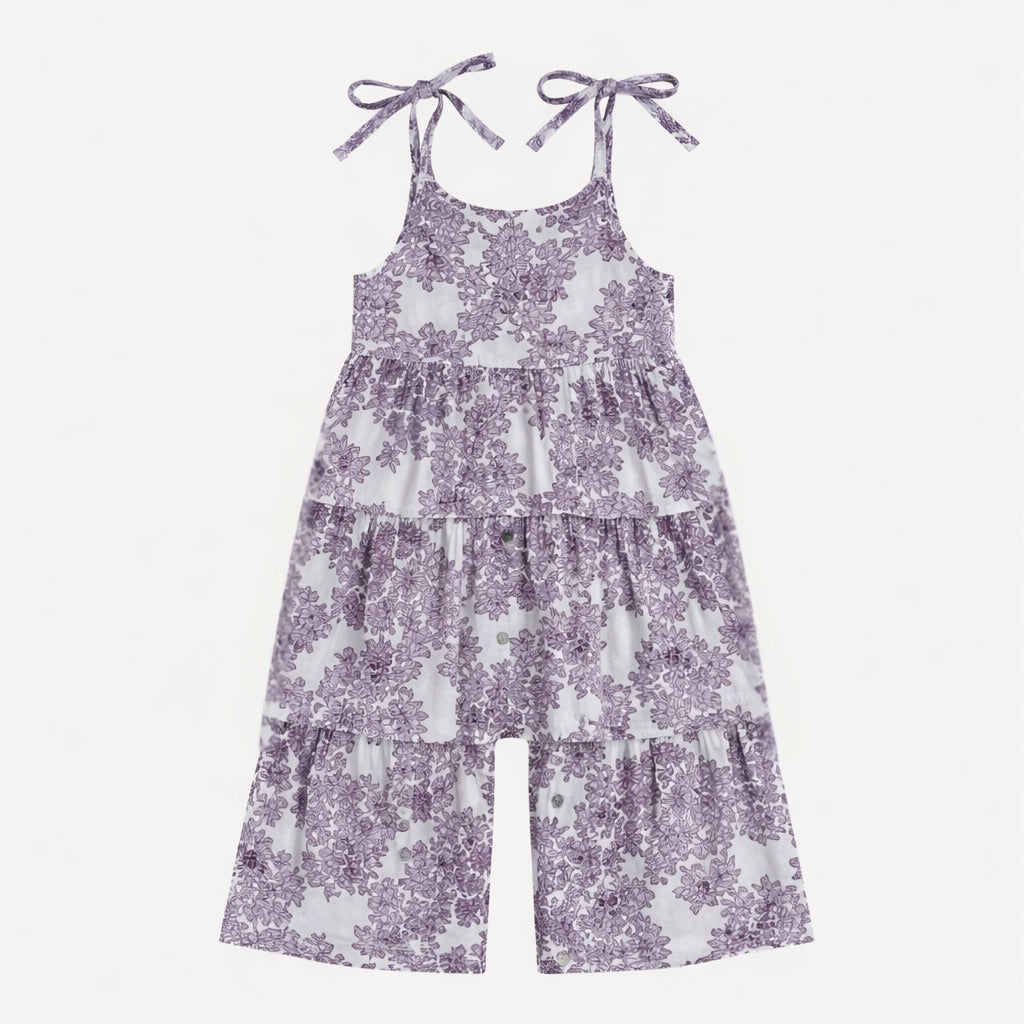 spaghetti tie prairie gaucho jumpsuit | lavender wildflower | organic cotton gauze