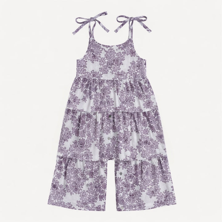 spaghetti tie prairie gaucho jumpsuit | lavender wildflower | organic cotton gauze
