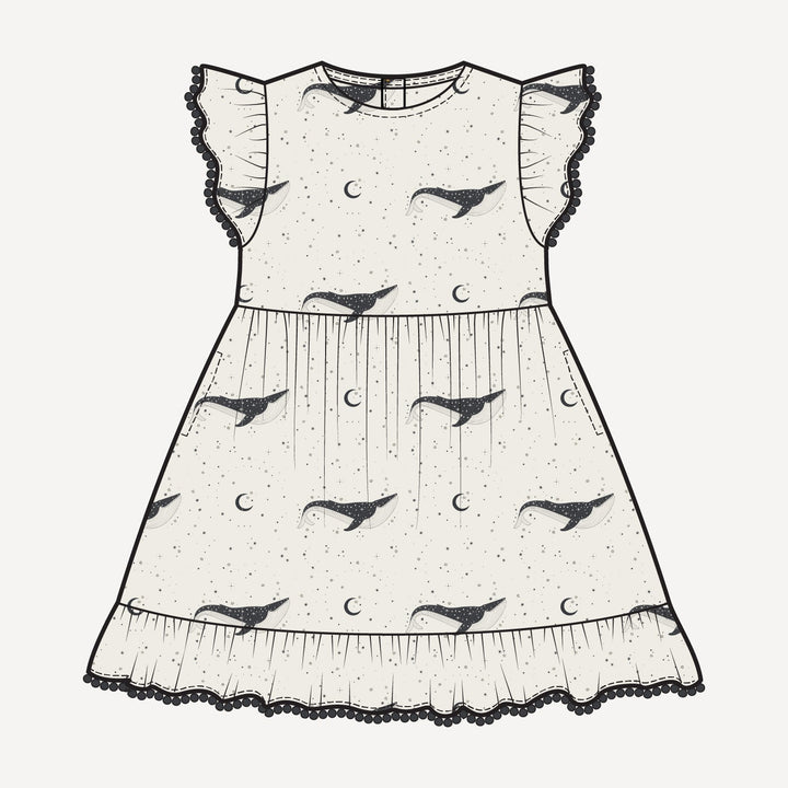 PREORDER flutter sleeve pom pom pinafore dress | mystical whales | bamboo