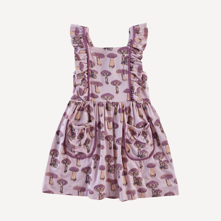 piped flutter pinafore pocket dress | garden fungi | bamboo