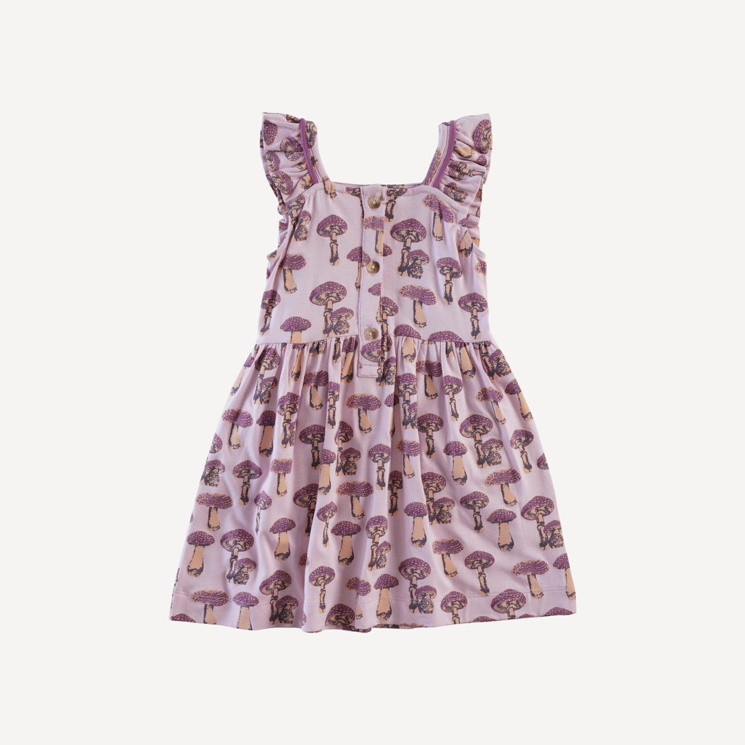 piped flutter pinafore pocket dress | garden fungi | bamboo