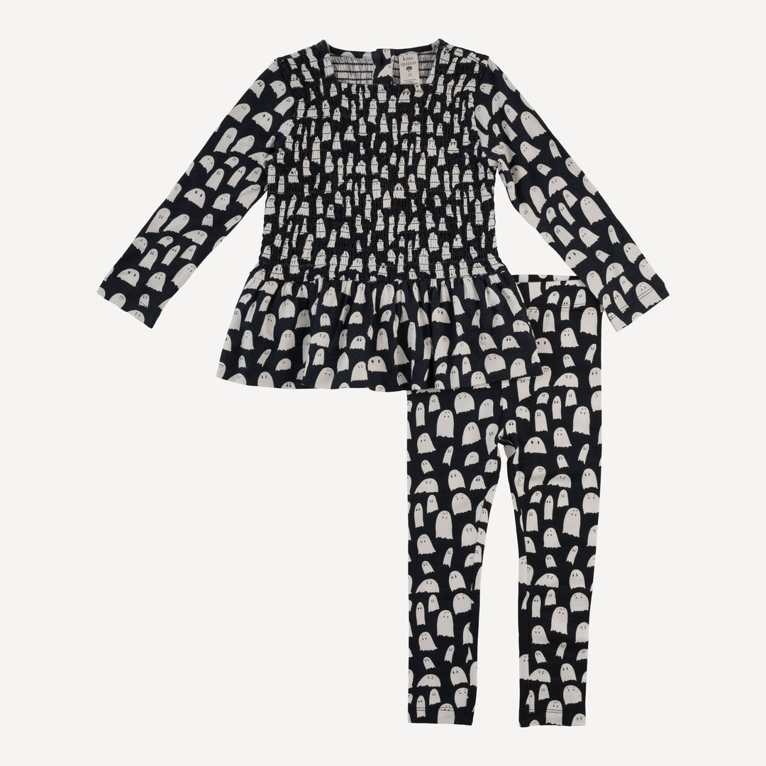 long sleeve smocked ruffle top + legging set | ghosts | organic cotton interlock