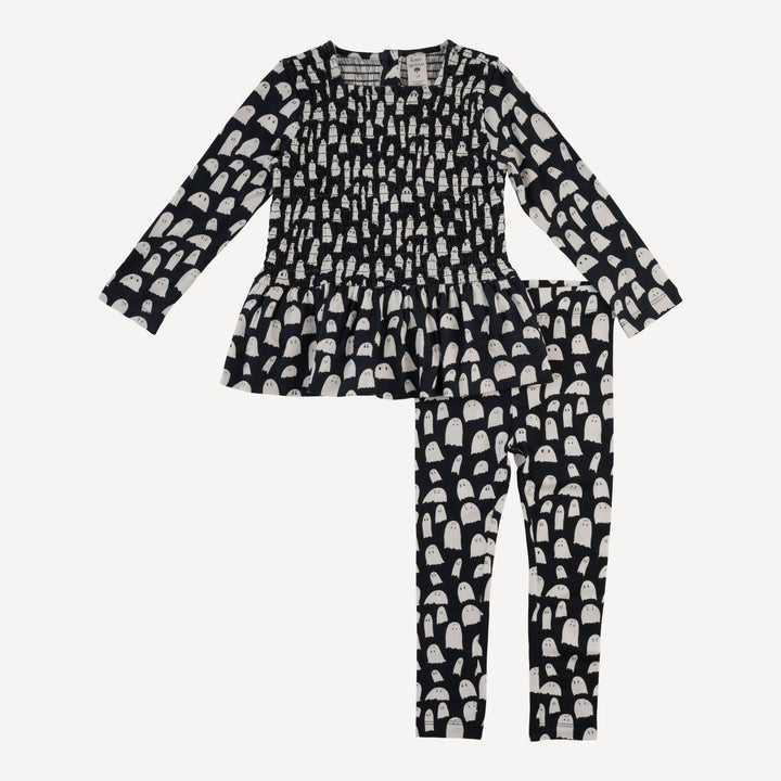 long sleeve smocked ruffle top + legging set | ghosts | organic cotton interlock