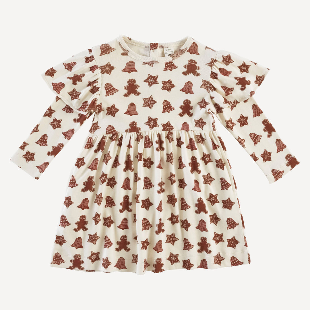 long sleeve flutter sleeve dress | gingerbread cookies | organic cotton single rib