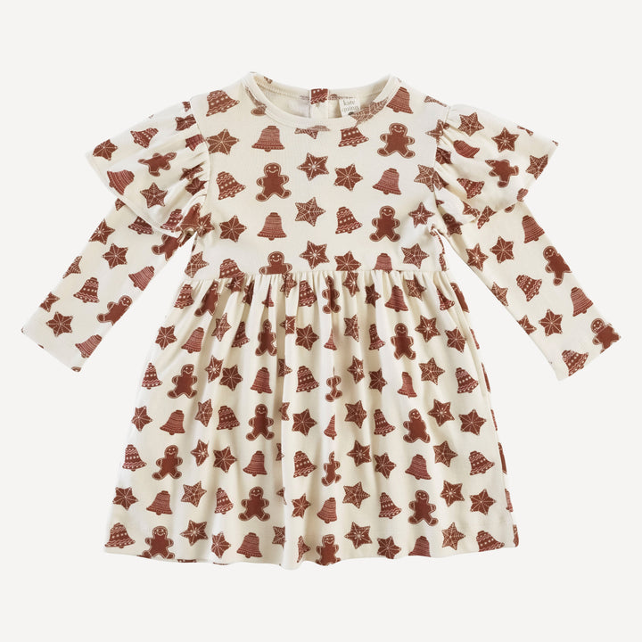 long sleeve flutter sleeve dress | gingerbread cookies | organic cotton single rib