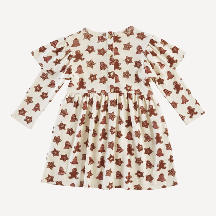 long sleeve flutter sleeve dress | gingerbread cookies | organic cotton single rib