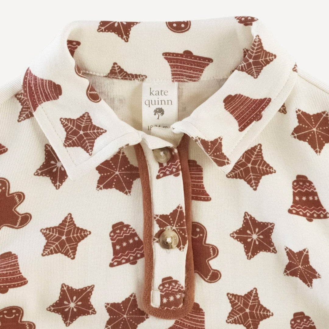 long sleeve piped polo tee | gingerbread cookies | organic cotton single rib