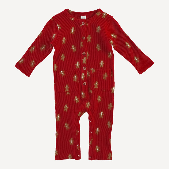 long sleeve button down pocket jumpsuit | gingerbread man | organic cotton thermal