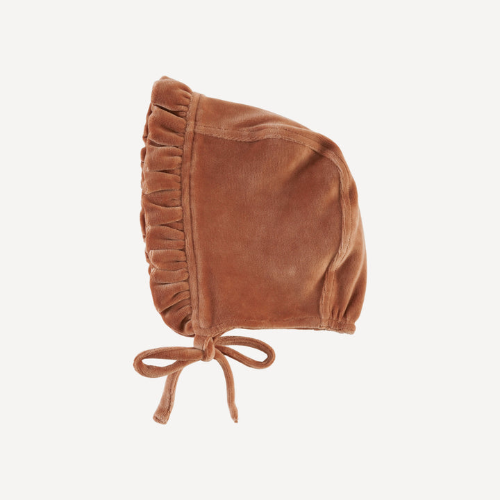 small ruffle bonnet | gingerbread | organic cotton velour