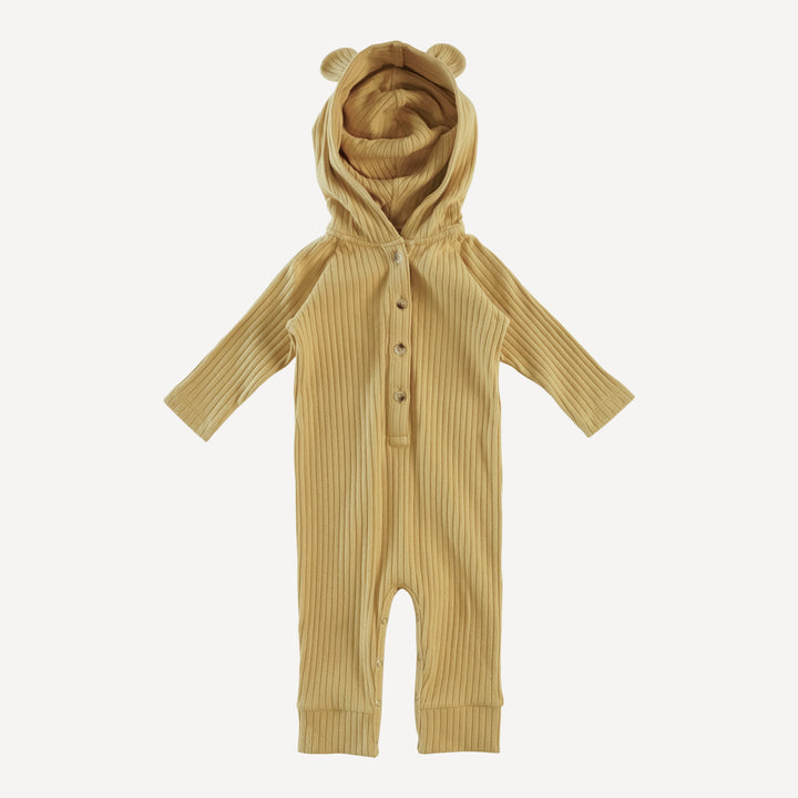 long sleeve bear hooded sport union suit | golden honey | organic cotton wide rib