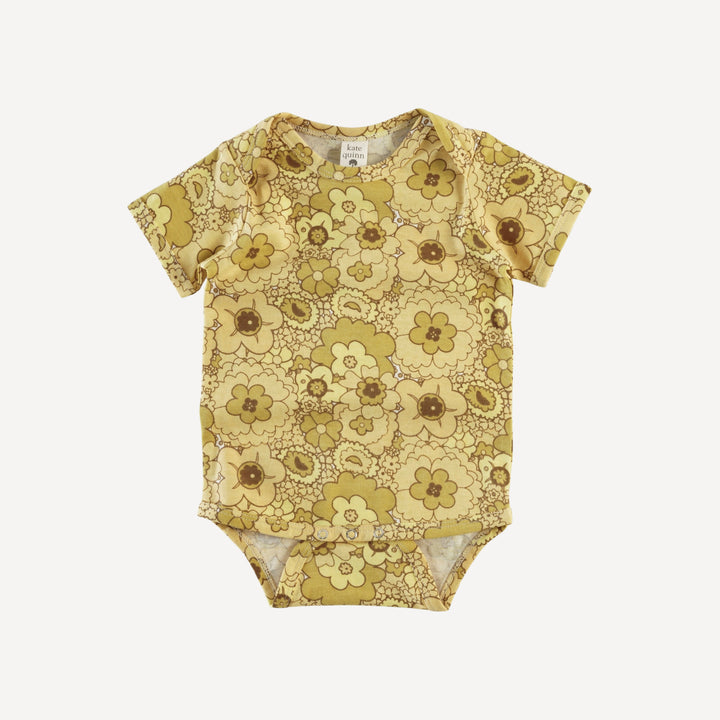 short sleeve lap neck bodysuit | golden mid-century floral | organic cotton jersey