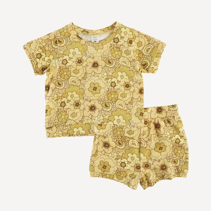 retro shortie short + short sleeve topstitch tee set | golden mid-century floral | organic cotton jersey