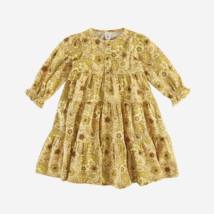 long sleeve prairie dress | golden mid-century floral | organic cotton jersey