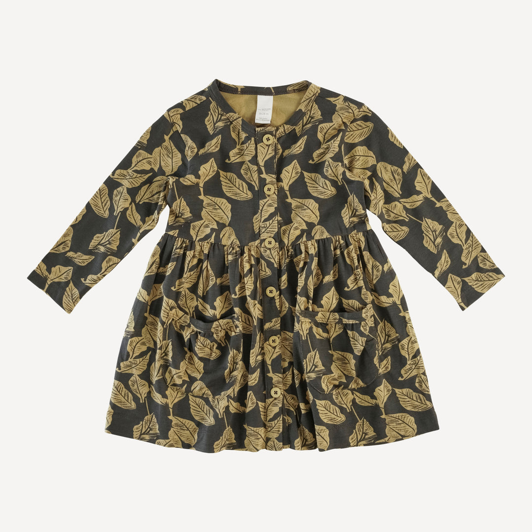 long sleeve button front pocket dress | golden woods leaf | modal