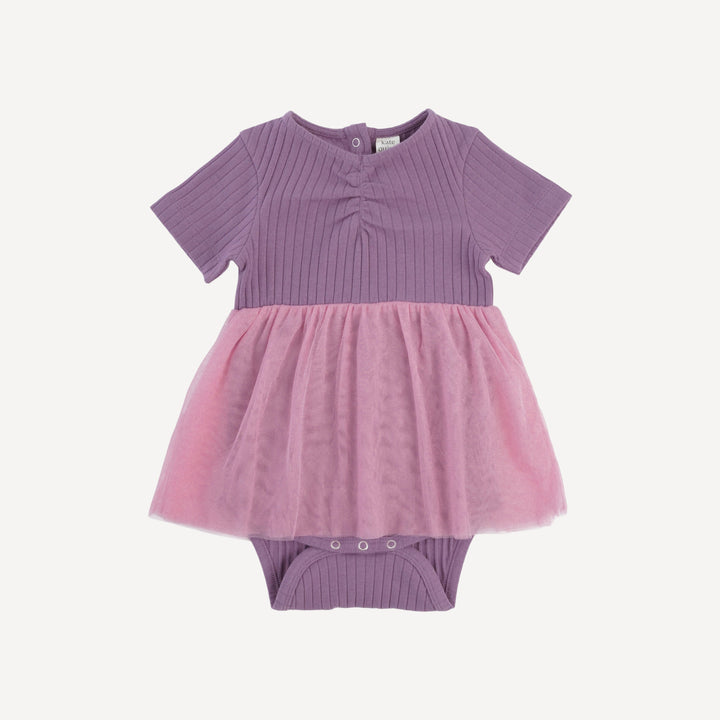 short sleeve ruched tulle skirted bodysuit | grape gloss | organic cotton wide rib