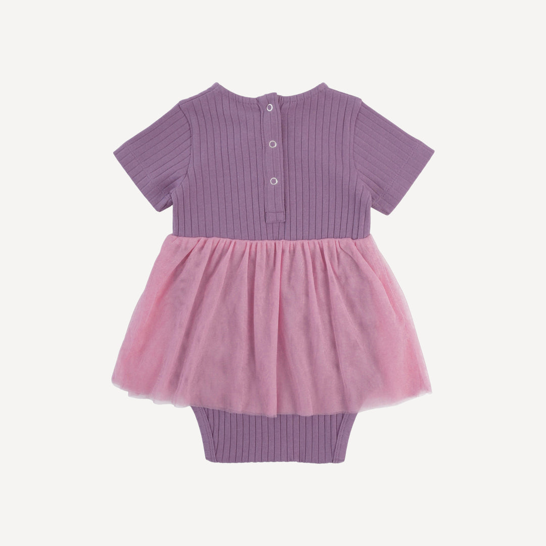 short sleeve ruched tulle skirted bodysuit | grape gloss | organic cotton wide rib