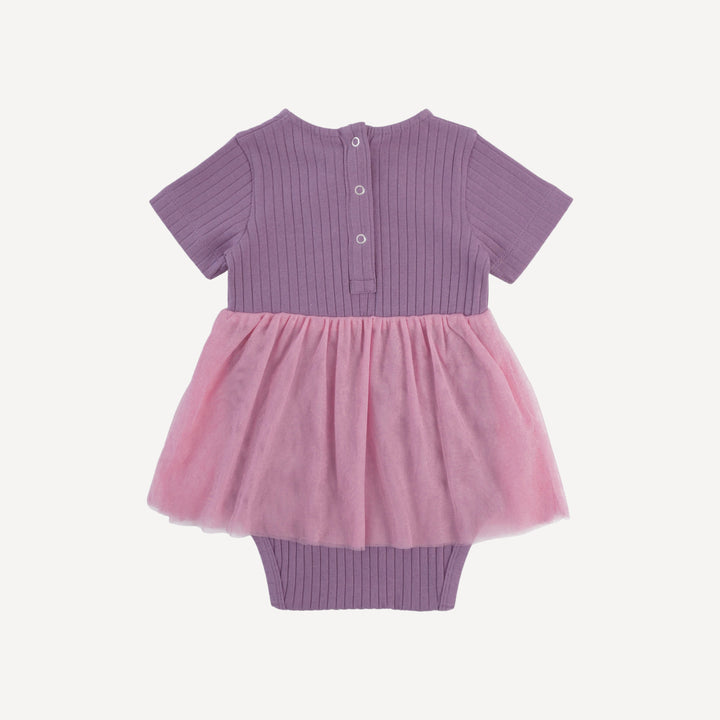 short sleeve ruched tulle skirted bodysuit | grape gloss | organic cotton wide rib