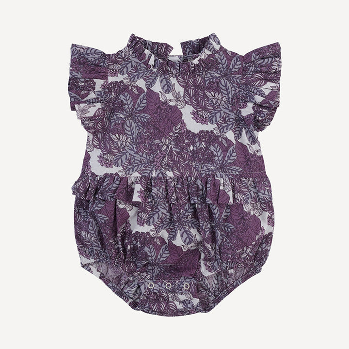 sleeveless little ruffle bubble | grape goldilocks floral | organic cotton woven