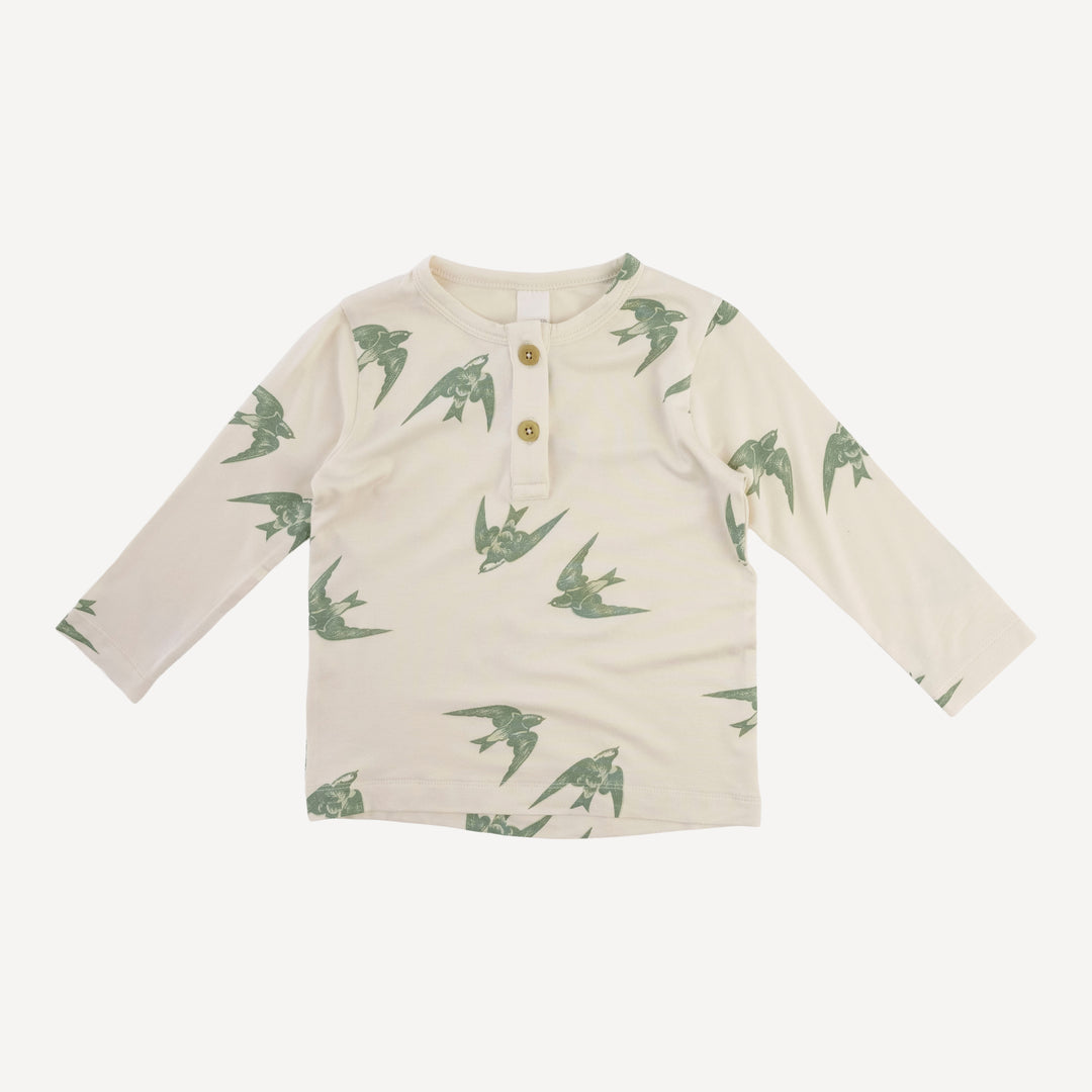 long sleeve basic henley tee | green birds | modal
