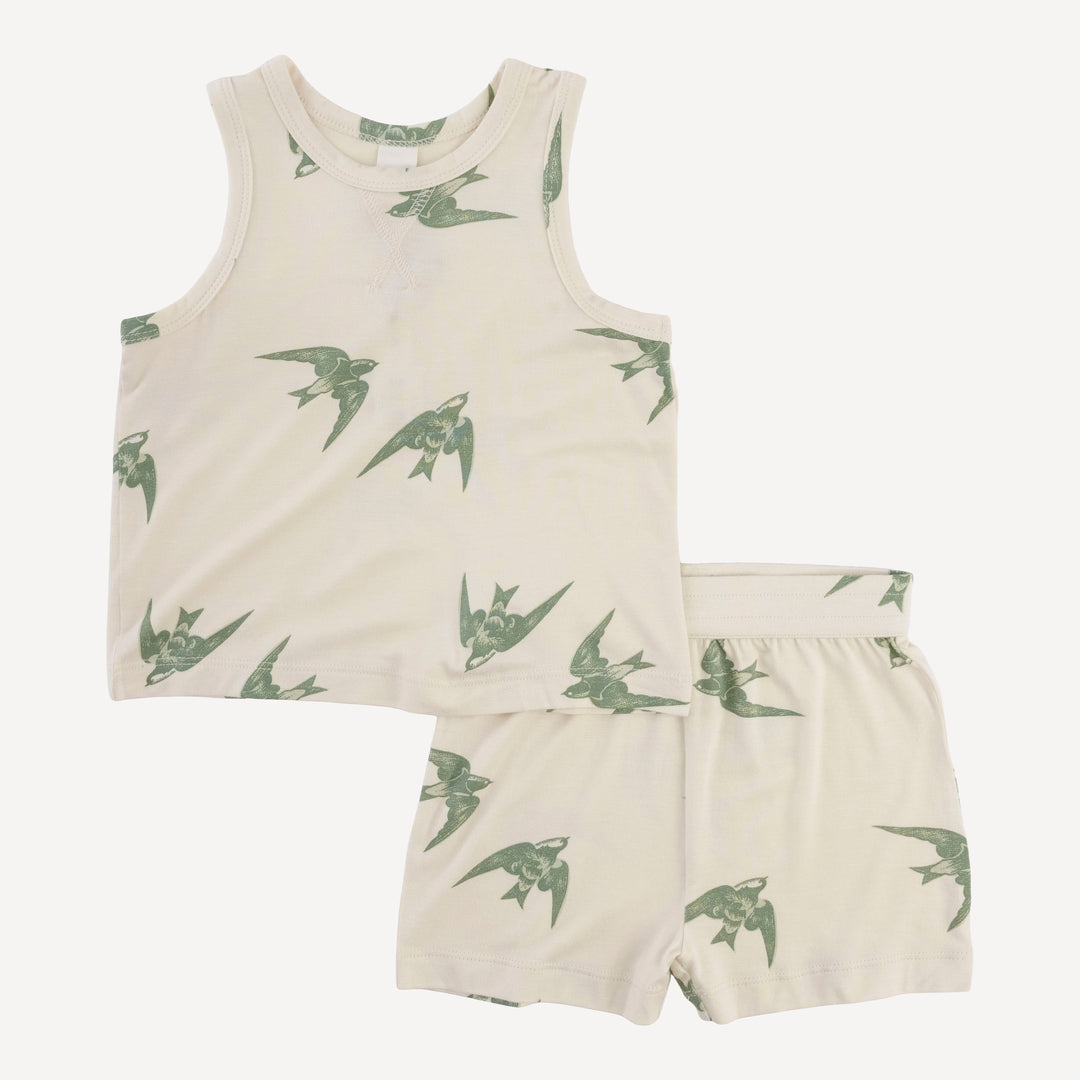 topstitch tank and relaxed short set | green birds | modal