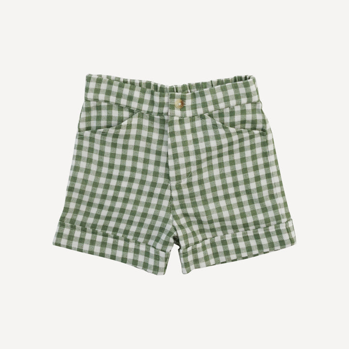 cuffed pocket short | green gingham | organic cotton gauze