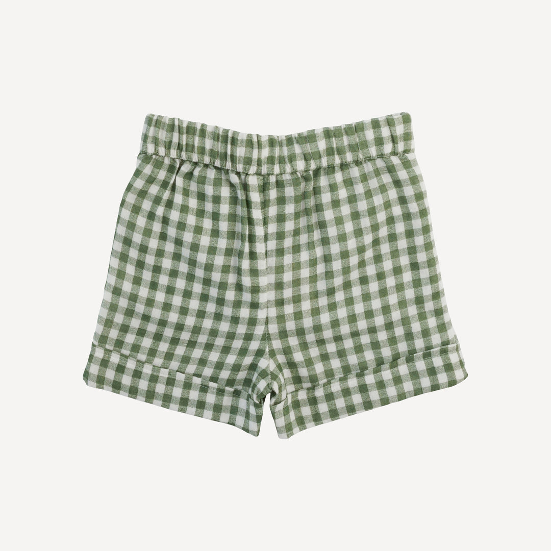 cuffed pocket short | green gingham | organic cotton gauze