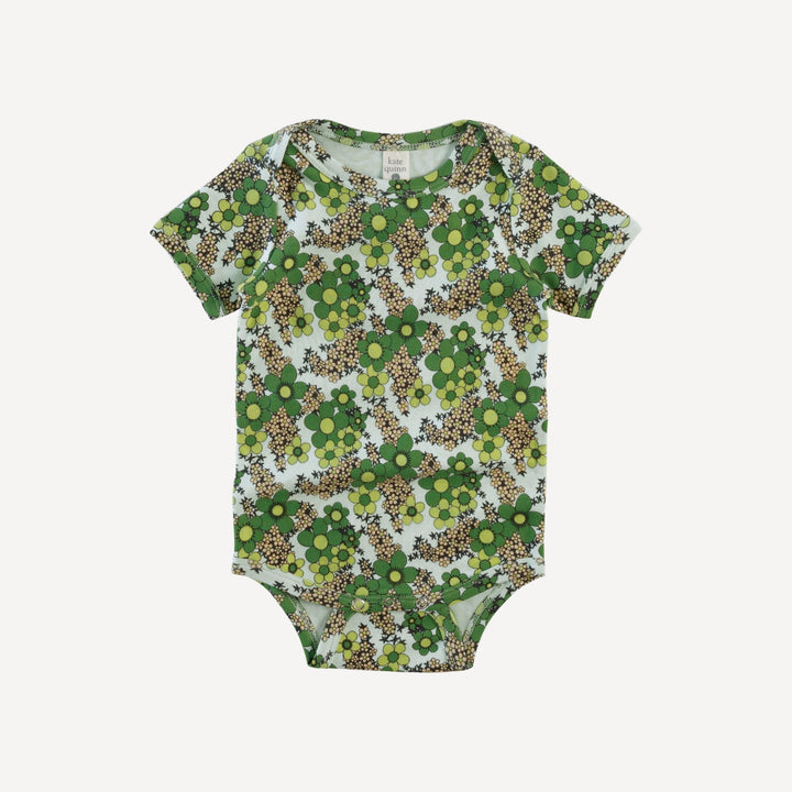 short sleeve lap neck bodysuit | green granny floral | organic cotton interlock
