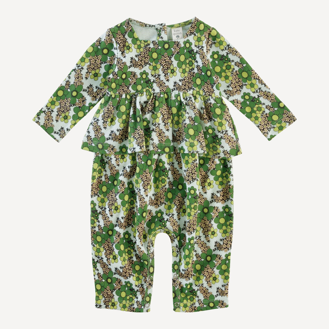 long sleeve ruffle jumpsuit | green granny floral | organic cotton interlock