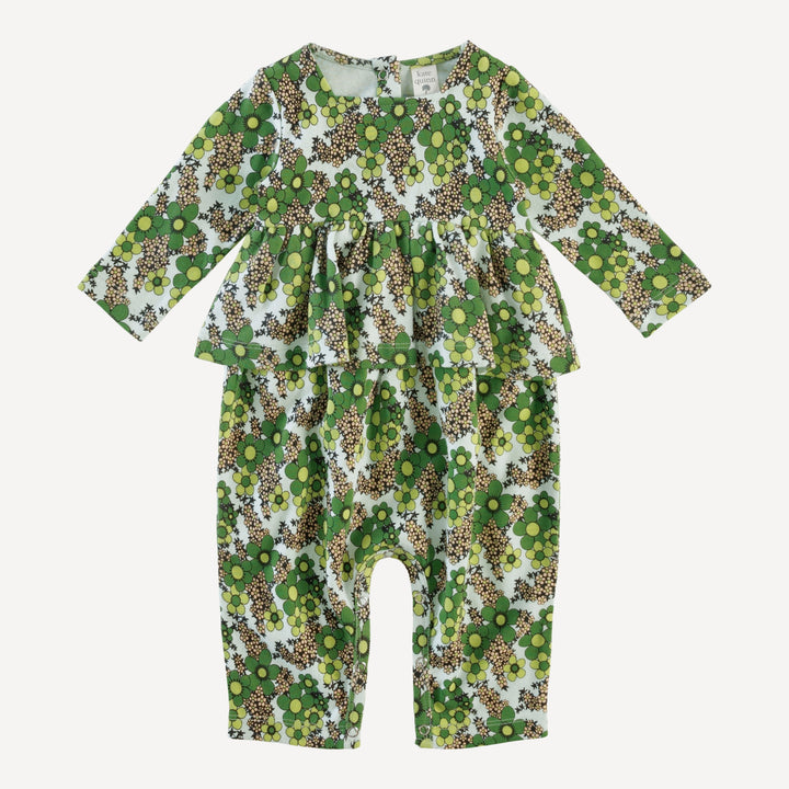 long sleeve ruffle jumpsuit | green granny floral | organic cotton interlock