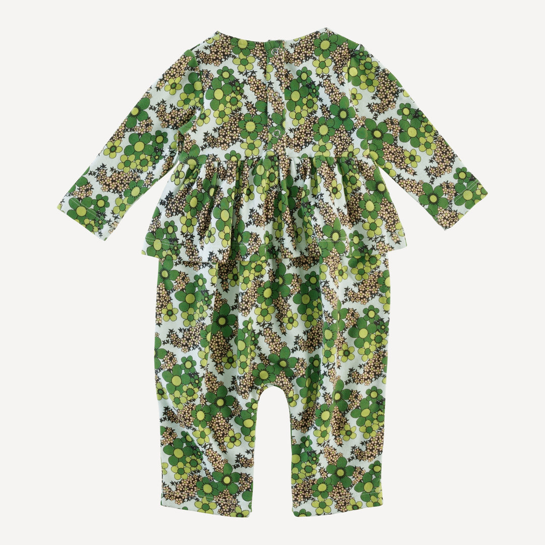 long sleeve ruffle jumpsuit | green granny floral | organic cotton interlock